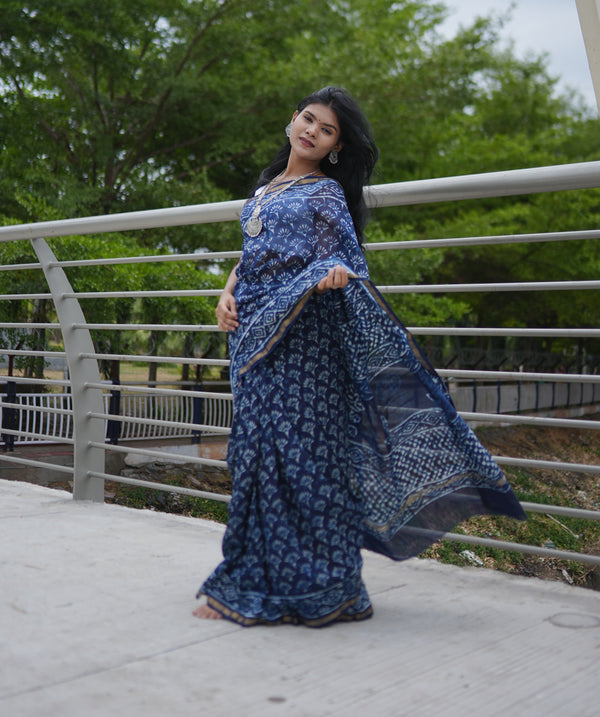 Chanderi Indigo Dabu Print Saree